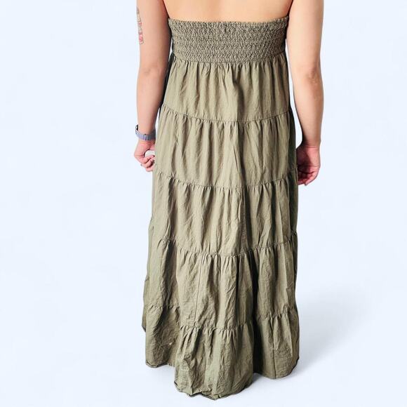 Mudd Y2K Khaki Tube Halter Maxi Dress Large Boho Stretchy Ruched Cotton - Picture 2 of 3